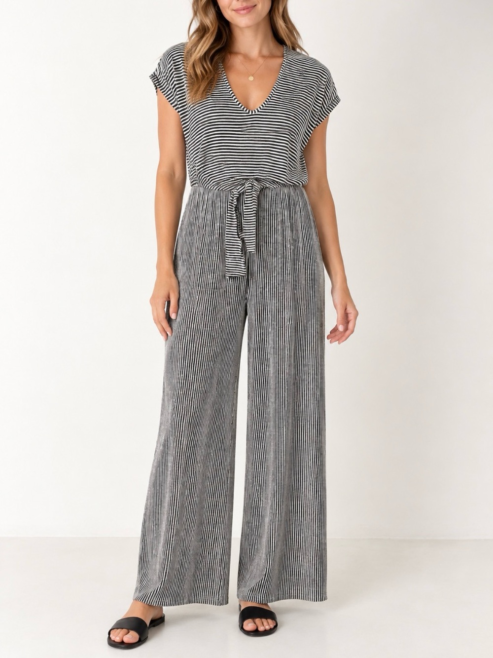Striped Black & White Wide-Leg Jumpsuit